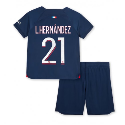 Otroški Nogometni dresi Paris Saint-Germain Lucas Hernandez #21 Domači 2023-24 Kratek Rokav (+ Kratke hlače)